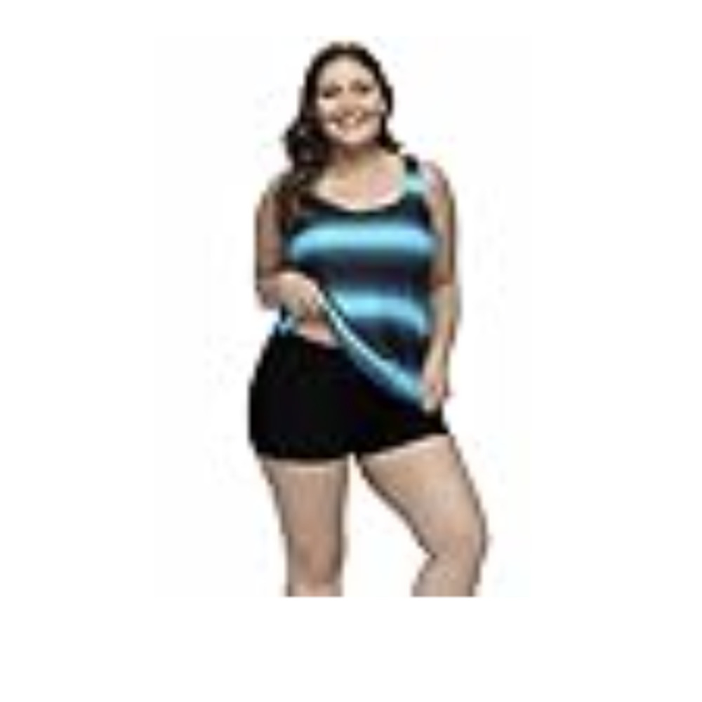 SMUDGE Life 2X Plus Striped Print Blouson Tankini Criss Cross Blue Black Shorts